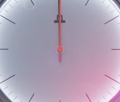 A close up of a clock with a red light on it.