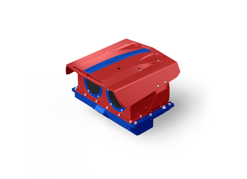 A red and blue plastic box on a white background.